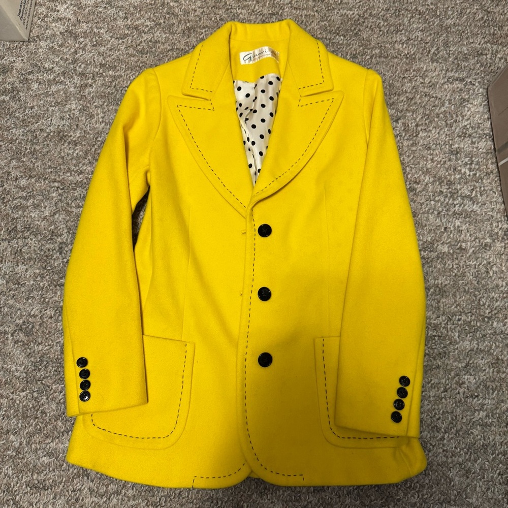 Vintage Women’s 70’s Yellow Tailored Wool Pea Coat with Polka Dot Lining